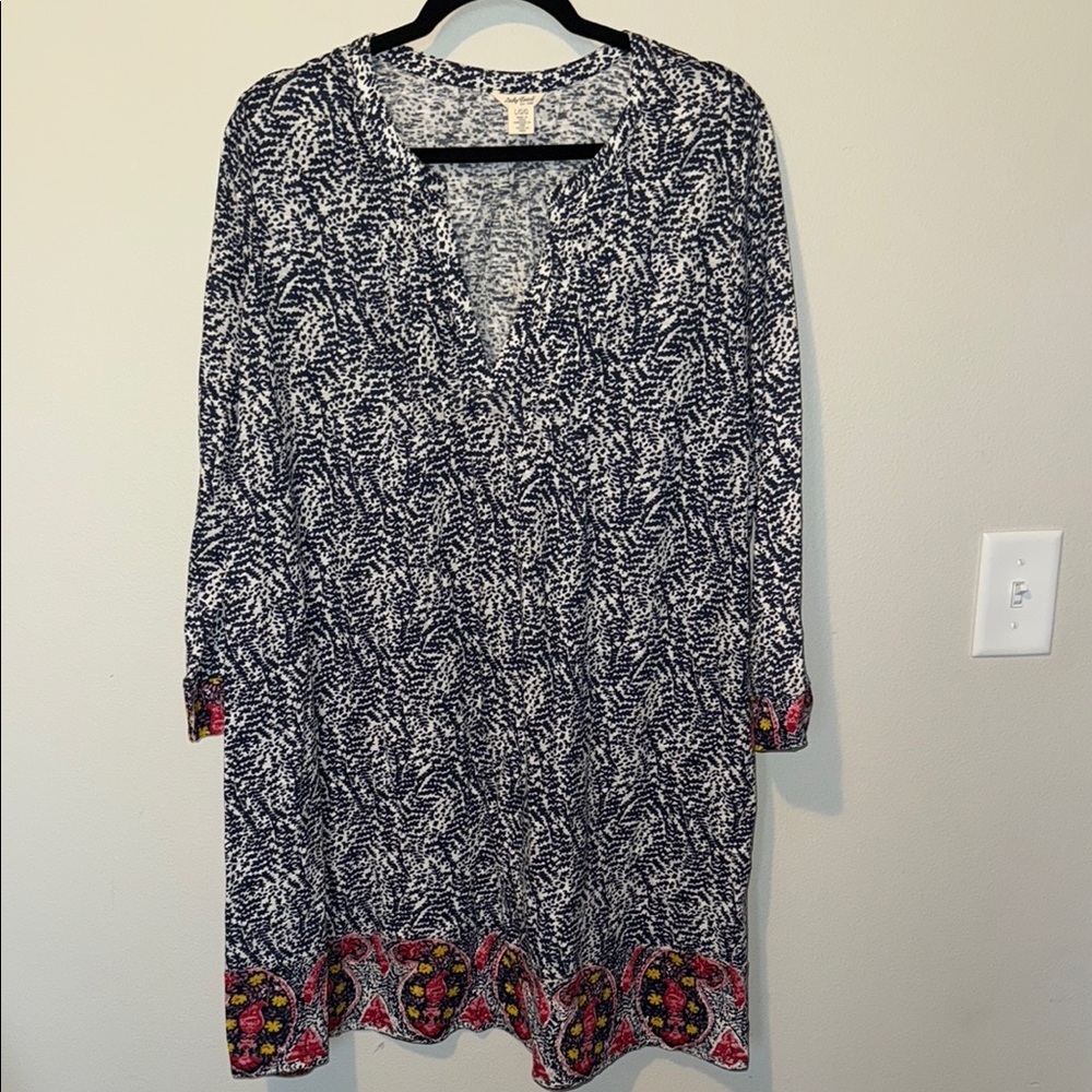 Lucky Brand Dress Tunic Womens Large Black White Paisley V Neck ¾ Sleeve EUC - Picture 1 of 10